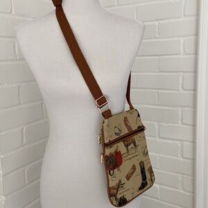 Sainty Tan/Brown Equestrian Horse Theme Print Crossbody Bag